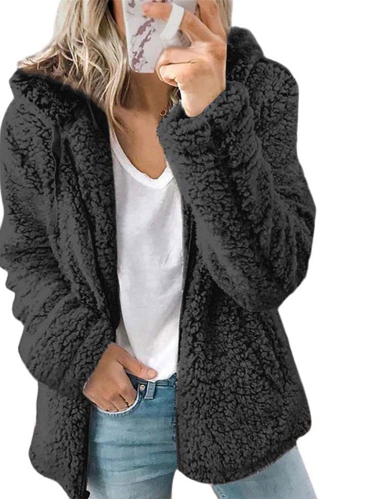 Women Solid Fleece Hooded Jacket - INS | Online Fashion Free Shipping Clothing, Dresses, Tops, Shoes