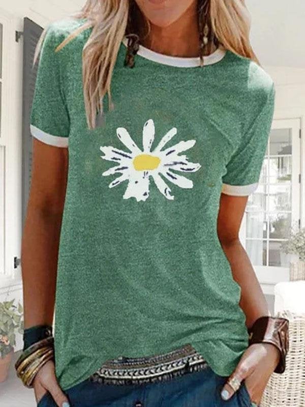 Women Sunflower Printed Round Neck Short Sleeve T-shirt - T-shirts - INS | Online Fashion Free Shipping Clothing, Dresses, Tops, Shoes - 18/05/2021 - Color_Green - Color_Purple