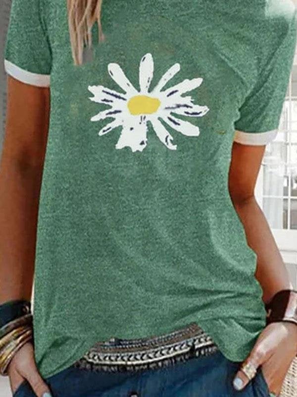 Women Sunflower Printed Round Neck Short Sleeve T-shirt - T-shirts - INS | Online Fashion Free Shipping Clothing, Dresses, Tops, Shoes - 18/05/2021 - Color_Green - Color_Purple