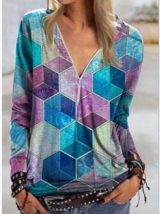 Women V-neck Cube Print Top - INS | Online Fashion Free Shipping Clothing, Dresses, Tops, Shoes