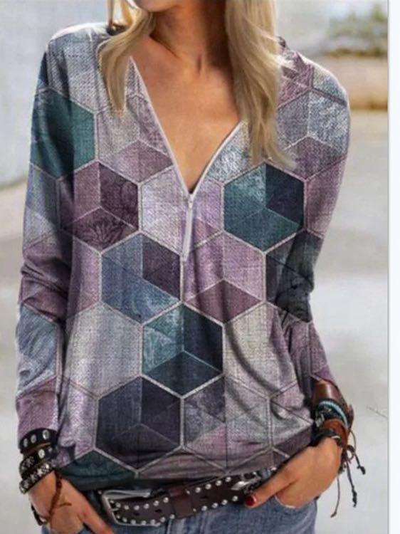 Women V-neck Cube Print Top - INS | Online Fashion Free Shipping Clothing, Dresses, Tops, Shoes