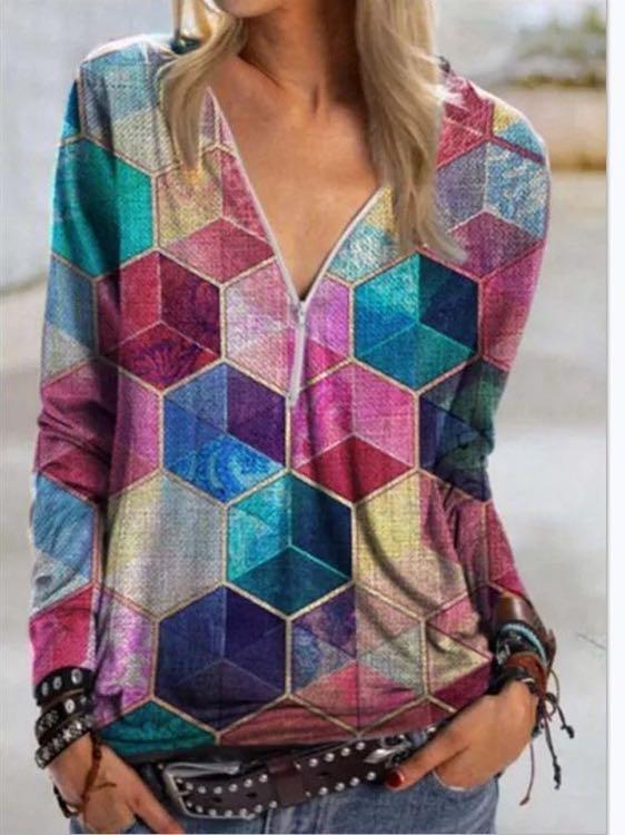 Women V-neck Cube Print Top - INS | Online Fashion Free Shipping Clothing, Dresses, Tops, Shoes