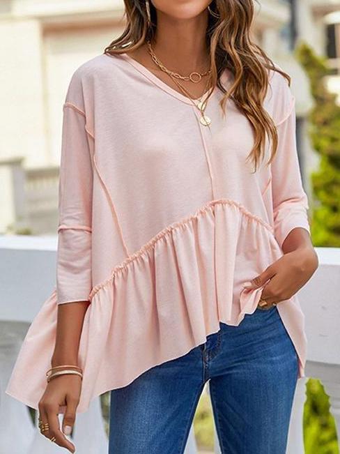 Women's Asymmetry Ruffled V Neck T-Shirt - T-Shirts - INS | Online Fashion Free Shipping Clothing, Dresses, Tops, Shoes - 18/03/2021 - 2XL - Autumn