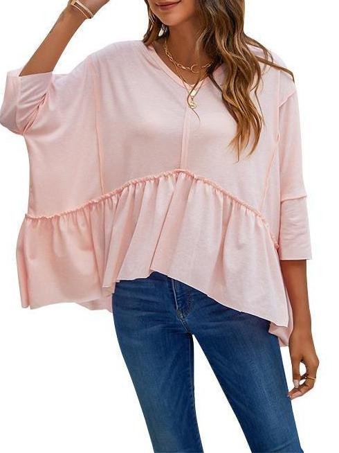 Women's Asymmetry Ruffled V Neck T-Shirt - T-Shirts - INS | Online Fashion Free Shipping Clothing, Dresses, Tops, Shoes - 18/03/2021 - 2XL - Autumn