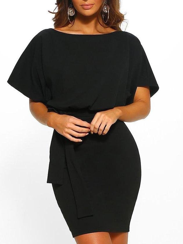 Women's Belted Round Neck Short Sleeve Wrap Dress - Mini Dresses - INS | Online Fashion Free Shipping Clothing, Dresses, Tops, Shoes - 06//04/2021 - Apricot - Black
