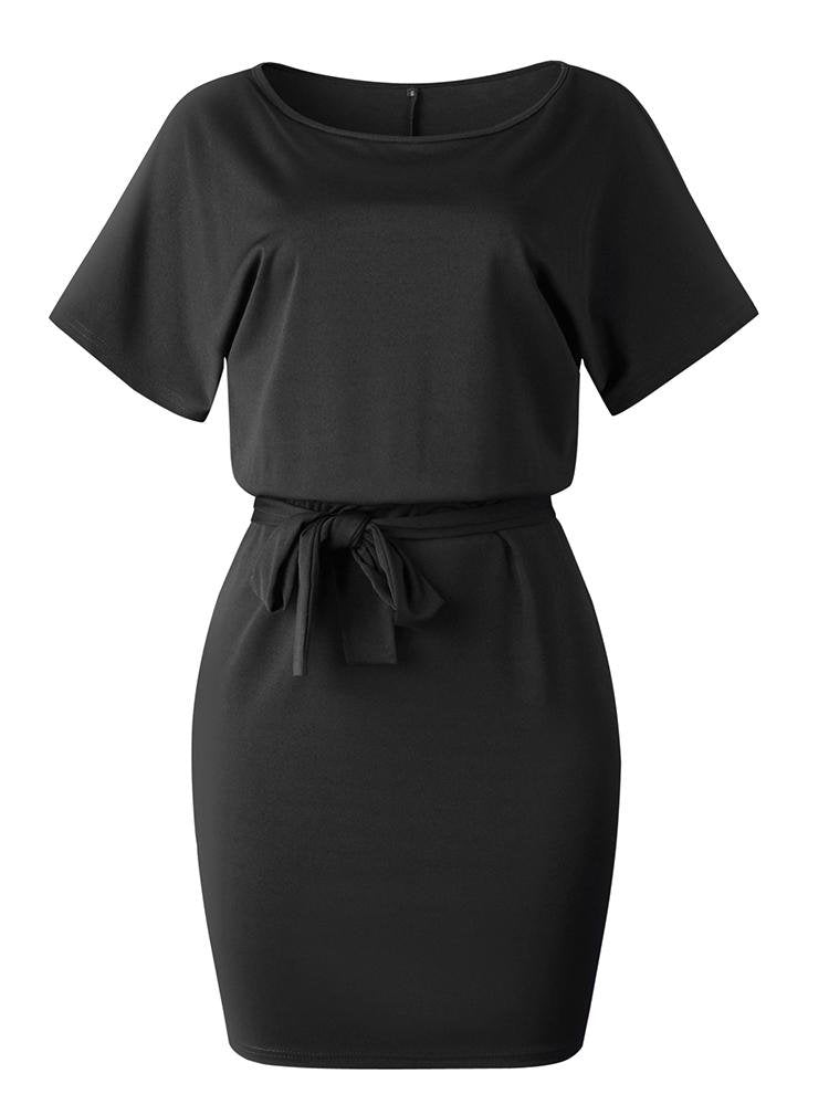 Women's Belted Round Neck Short Sleeve Wrap Dress - Mini Dresses - INS | Online Fashion Free Shipping Clothing, Dresses, Tops, Shoes - 06//04/2021 - Apricot - Black