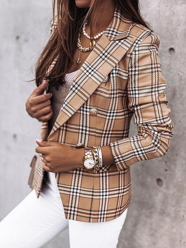 Women's Blazers Double-Breasted Plaid Printed Long Sleeve Blazer - Blazers - INS | Online Fashion Free Shipping Clothing, Dresses, Tops, Shoes - 03/11/2021 - 30-40 - BLA2111031166