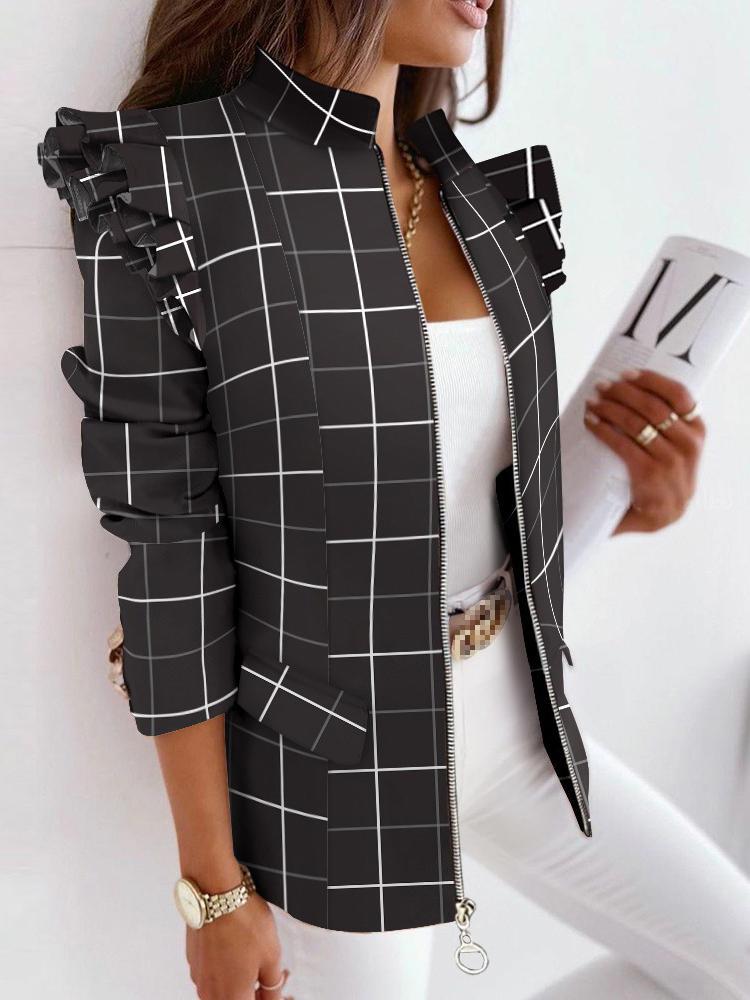 Women's Blazers Ruffle Check Long Sleeve Zipper Blazer - Blazers - INS | Online Fashion Free Shipping Clothing, Dresses, Tops, Shoes - 22/10/2021 - 30-40 - Blazers