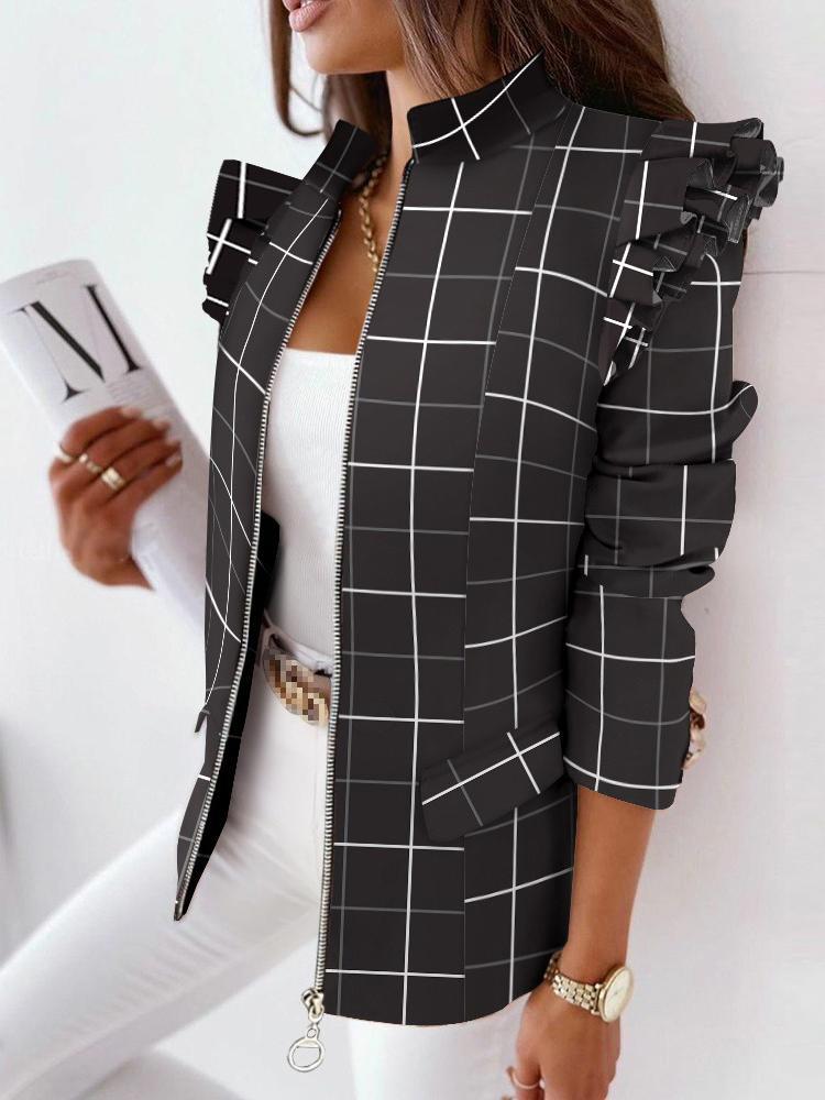 Women's Blazers Ruffle Check Long Sleeve Zipper Blazer - Blazers - INS | Online Fashion Free Shipping Clothing, Dresses, Tops, Shoes - 22/10/2021 - 30-40 - Blazers