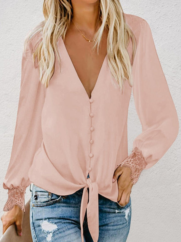 Women's Blouse Lace Stitching V-Neck Belted Long Sleeve Blouse - Blouses - INS | Online Fashion Free Shipping Clothing, Dresses, Tops, Shoes - 20-30 - 23/11/2021 - BLO2111231450