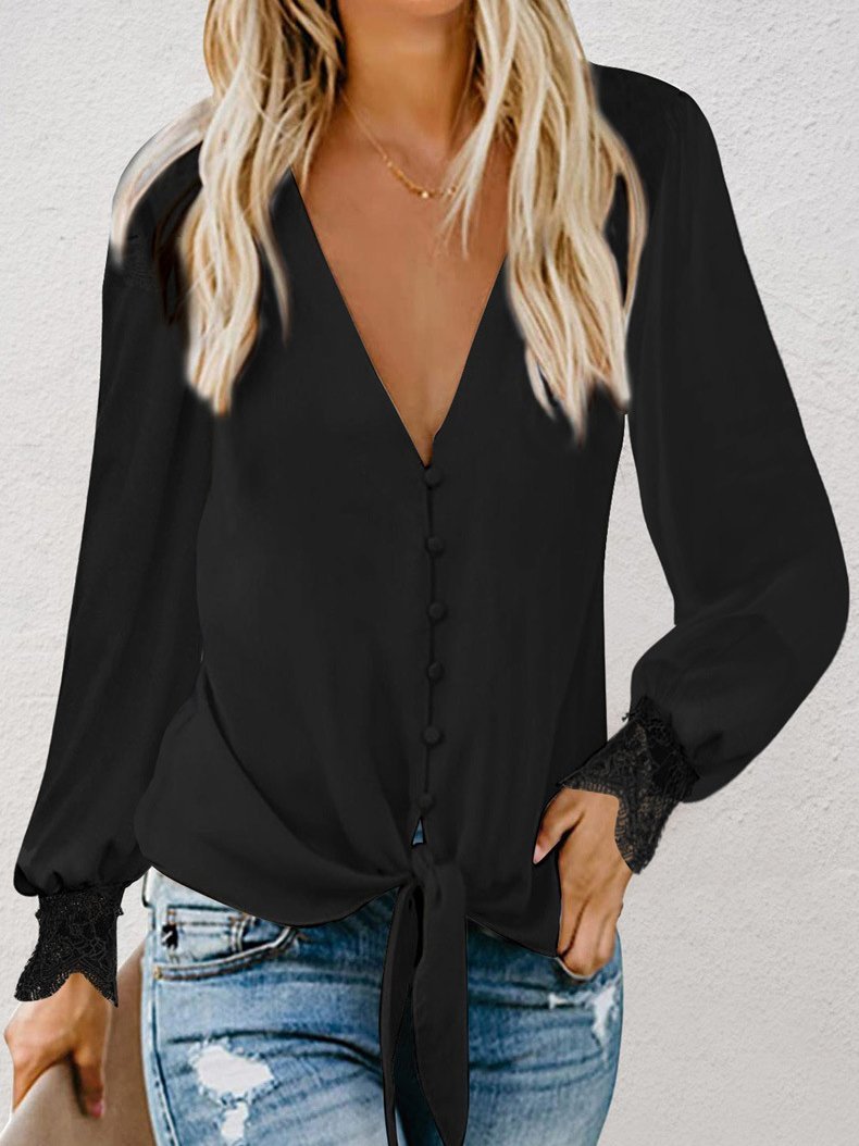 Women's Blouse Lace Stitching V-Neck Belted Long Sleeve Blouse - Blouses - INS | Online Fashion Free Shipping Clothing, Dresses, Tops, Shoes - 20-30 - 23/11/2021 - BLO2111231450