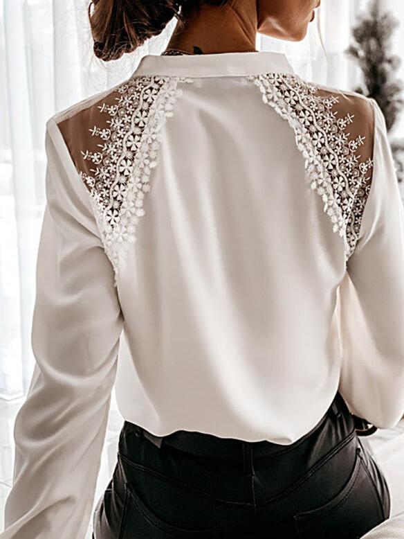 Women's Blouse V-Neck Single-Breasted Lace Long Sleeve Blouse - Blouses - INS | Online Fashion Free Shipping Clothing, Dresses, Tops, Shoes - 25/10/2021 - 30-40 - BLO2110251388