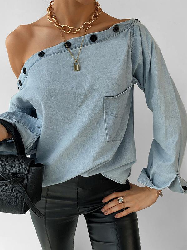 Women's Blouses Button Boat Neck Off Shoulder Pocket Long Sleeve Denim Blouse - Blouses - INS | Online Fashion Free Shipping Clothing, Dresses, Tops, Shoes - 02/11/2021 - 30-40 - BLO2111021403