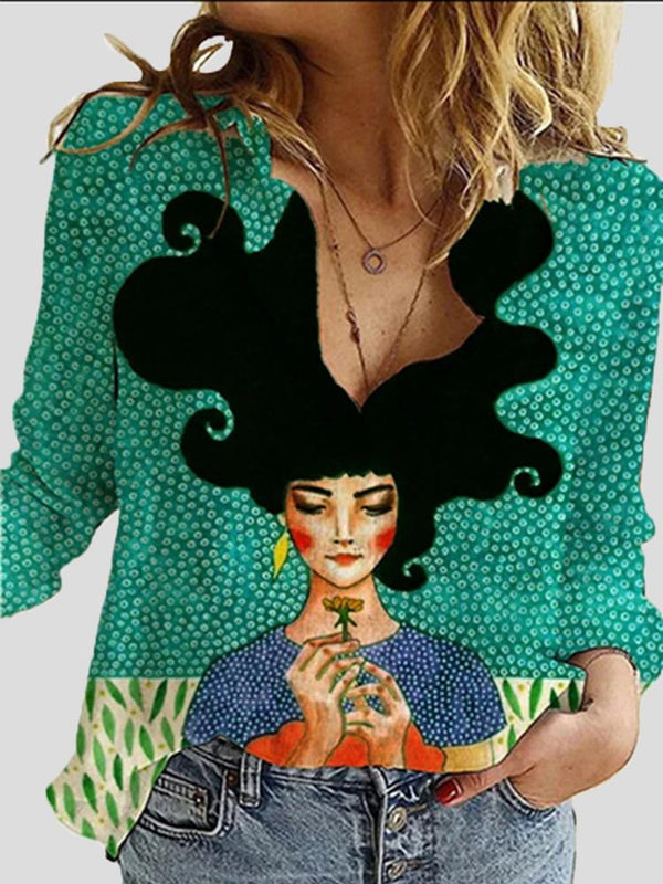 Women's Blouses Cartoon Character Print Lapel Long Sleeve Blouse - Blouses - INS | Online Fashion Free Shipping Clothing, Dresses, Tops, Shoes - 24/11/2021 - BLO2111241457 - Blouses