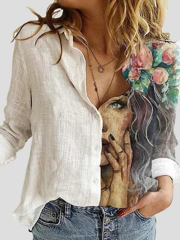 Women's Blouses Cartoon Portrait Print Button Long Sleeve Blouse - Blouses - INS | Online Fashion Free Shipping Clothing, Dresses, Tops, Shoes - 20-30 - 25/10/2021 - BLO2110251389