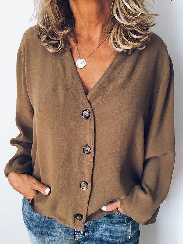 Women's Blouses Casual V-Neck Button Long Sleeve Blouse - Blouses - INS | Online Fashion Free Shipping Clothing, Dresses, Tops, Shoes - 08/11/2021 - 10-20 - BLO2111081418