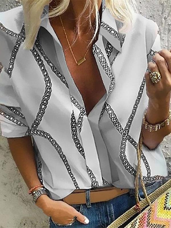 Women's Blouses Chain Print Lapel Long Sleeve Blouse - Blouses - INS | Online Fashion Free Shipping Clothing, Dresses, Tops, Shoes - 10-20 - 29/10/2021 - BLO2110291399