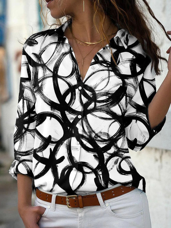 Women's Blouses Circle Print Button Long Sleeve Blouse - Blouses - INS | Online Fashion Free Shipping Clothing, Dresses, Tops, Shoes - 10/11/2021 - 20-30 - BLO2111111422