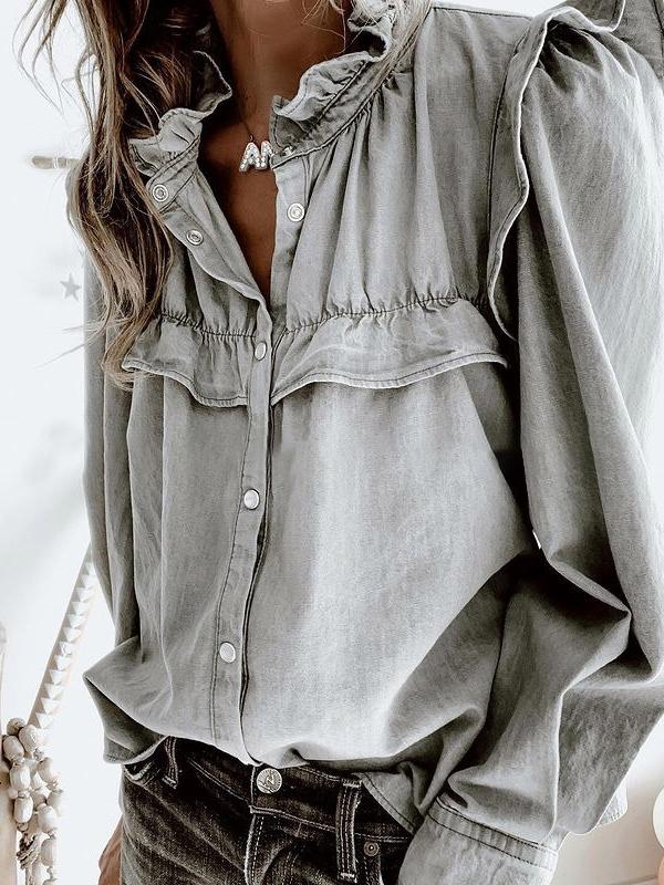 Women's Blouses Doll Collar Long Sleeve Button Denim Blouse - Blouses - INS | Online Fashion Free Shipping Clothing, Dresses, Tops, Shoes - 08/10/2021 - 30-40 - BLO2110081365