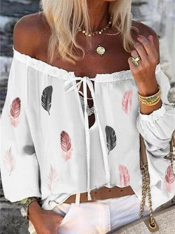 Women's Blouses Feather Print Boat Neck Long Sleeve Chiffon Blouses - Blouses - INS | Online Fashion Free Shipping Clothing, Dresses, Tops, Shoes - 16/09/2021 - 20-30 - BLO2109161334