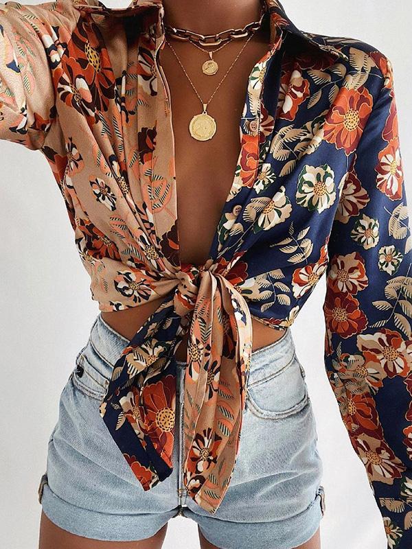 Women's Blouses Floral Contrast Print Long Sleeve Lapel Button Blouses - Blouses - INS | Online Fashion Free Shipping Clothing, Dresses, Tops, Shoes - 13/09/2021 - 20-30 - BLO2109131330