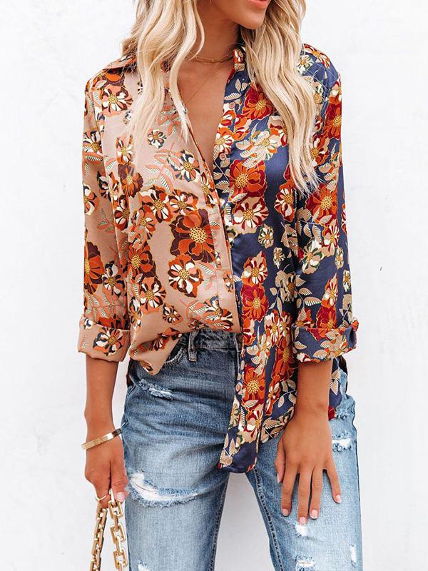 Women's Blouses Floral Contrast Print Long Sleeve Lapel Button Blouses - Blouses - INS | Online Fashion Free Shipping Clothing, Dresses, Tops, Shoes - 13/09/2021 - 20-30 - BLO2109131330