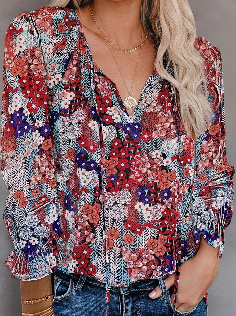 Women's Blouses Flower Print V-Neck Long Sleeve Blouse - Blouses - INS | Online Fashion Free Shipping Clothing, Dresses, Tops, Shoes - 20-30 - 26/09/2021 - BLO2109261352