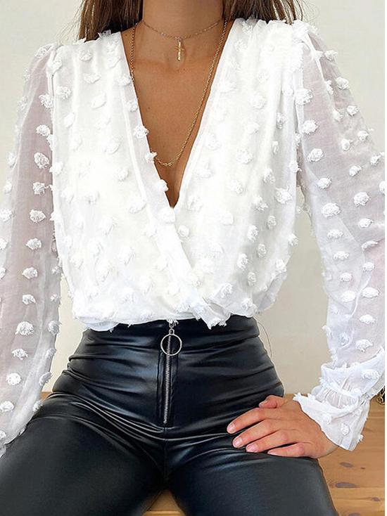 Women's Blouses Jacquard Print Deep V-Neck Long Sleeve Blouse - Blouses - INS | Online Fashion Free Shipping Clothing, Dresses, Tops, Shoes - 12/11/2021 - 20-30 - BLO2111121429