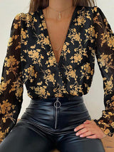 Women's Blouses Jacquard Print Deep V-Neck Long Sleeve Blouse - Blouses - INS | Online Fashion Free Shipping Clothing, Dresses, Tops, Shoes - 12/11/2021 - 20-30 - BLO2111121429