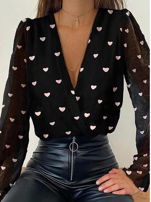 Women's Blouses Jacquard Print Deep V-Neck Long Sleeve Blouse - Blouses - INS | Online Fashion Free Shipping Clothing, Dresses, Tops, Shoes - 12/11/2021 - 20-30 - BLO2111121429