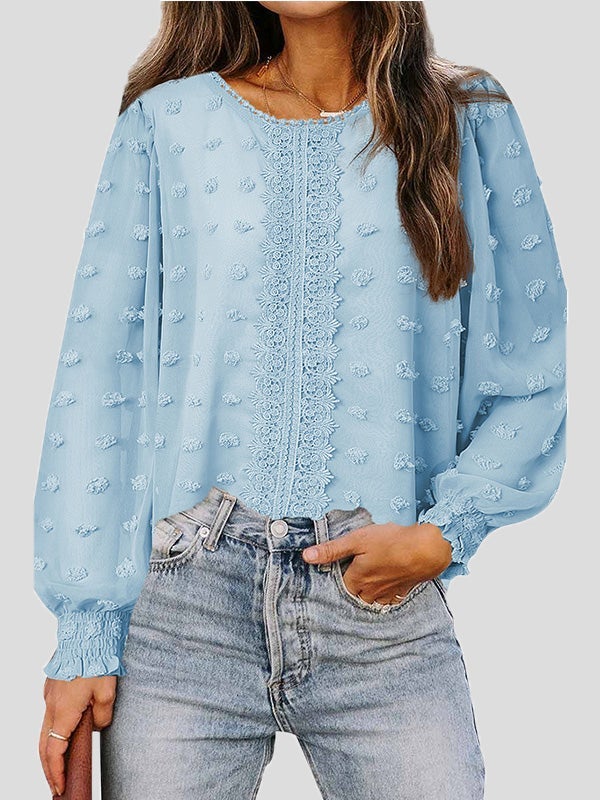 Women's Blouses Jacquard Round Neck Lace Long Sleeve Blouse - Blouses - Instastyled | Online Fashion Free Shipping Clothing, Dresses, Tops, Shoes - 23/12/2021 - 30-40 - BLO2112231501