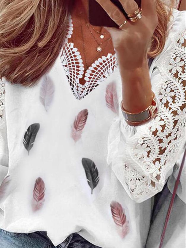 Women's Blouses Lace Feather Print Stitching Long Sleeve Blouses - Blouses - INS | Online Fashion Free Shipping Clothing, Dresses, Tops, Shoes - 04/09/2021 - 20-30 - BLO2109041327