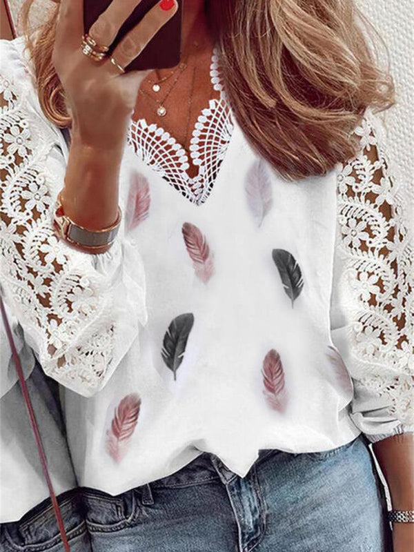 Women's Blouses Lace Feather Print Stitching Long Sleeve Blouses - Blouses - INS | Online Fashion Free Shipping Clothing, Dresses, Tops, Shoes - 04/09/2021 - 20-30 - BLO2109041327