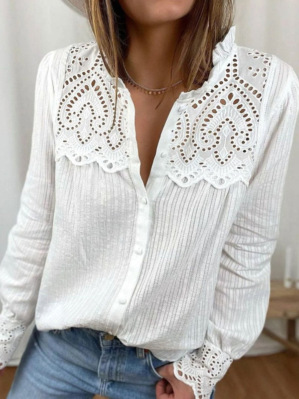 Women's Blouses Lace Stitching Button Long Sleeve Blouse - Blouses - INS | Online Fashion Free Shipping Clothing, Dresses, Tops, Shoes - 20-30 - 26/09/2021 - BLO2109261349