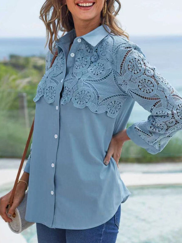 Women's Blouses Lace Stitching Buttons Long Sleeve Blouse - Blouses - INS | Online Fashion Free Shipping Clothing, Dresses, Tops, Shoes - 20-30 - 26/09/2021 - BLO2109261351