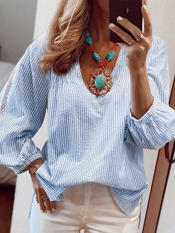 Women's Blouses Lace Stitching Long Sleeve Stripes Blouse - Blouses - INS | Online Fashion Free Shipping Clothing, Dresses, Tops, Shoes - 20-30 - 28/09/2021 - BLO2109281359