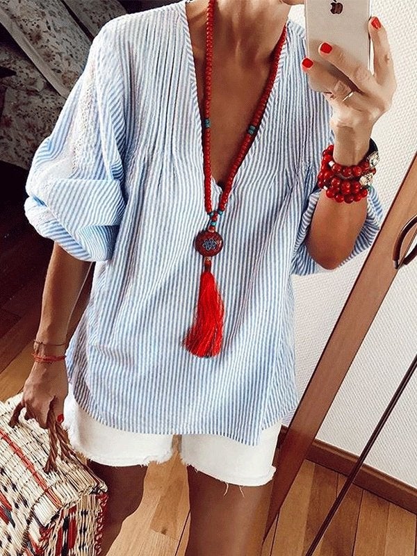 Women's Blouses Lace Stitching Long Sleeve Stripes Blouse - Blouses - INS | Online Fashion Free Shipping Clothing, Dresses, Tops, Shoes - 20-30 - 28/09/2021 - BLO2109281359