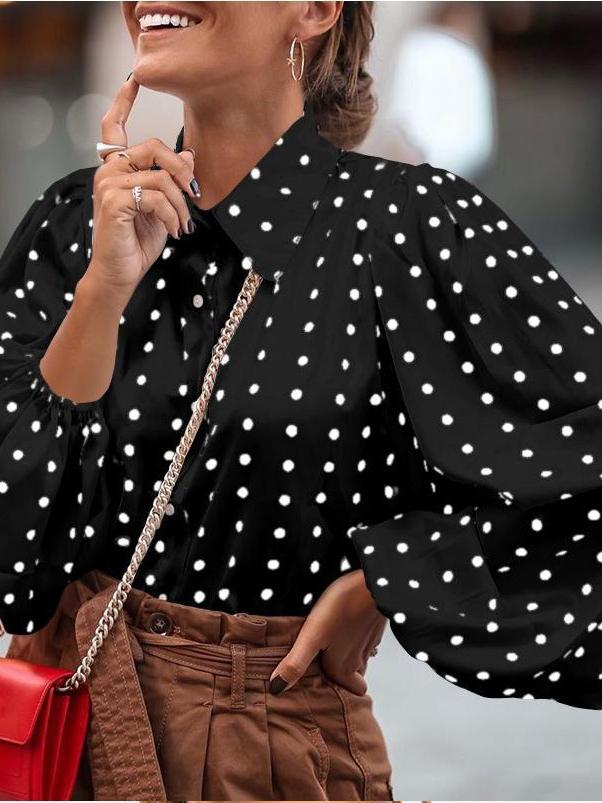 Women's Blouses Lapel Polka Dot Lantern Long Sleeve Blouse - Blouses - INS | Online Fashion Free Shipping Clothing, Dresses, Tops, Shoes - 11/11/2021 - 20-30 - BLO2111111424