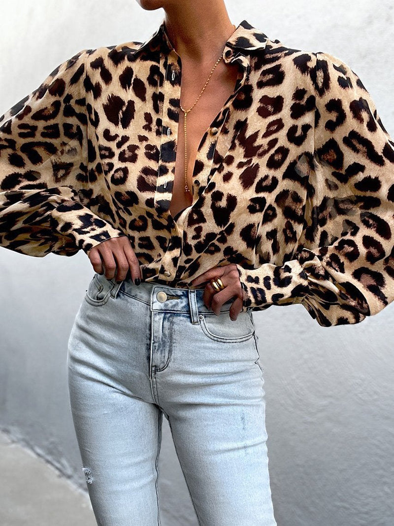 Women's Blouses Leopard Print Bubble Long Sleeve Buttons Blouses - Blouses - INS | Online Fashion Free Shipping Clothing, Dresses, Tops, Shoes - 15/09/2021 - 20-30 - BLO2109161333