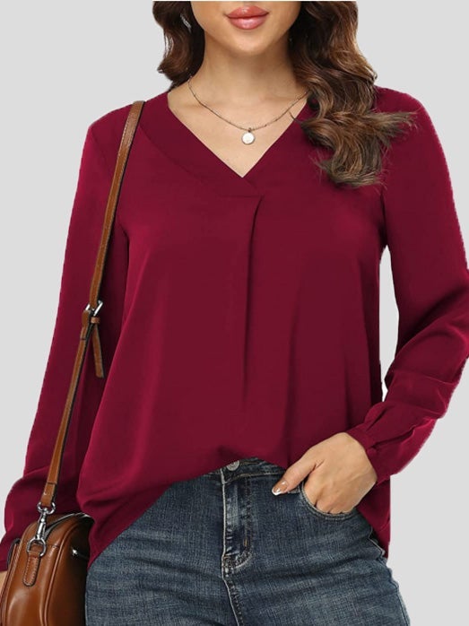 Women's Blouses Loose Solid V-Neck Long Sleeve Blouse - Blouses - Instastyled | Online Fashion Free Shipping Clothing, Dresses, Tops, Shoes - 20-30 - 31/12/2021 - BLO2112311520