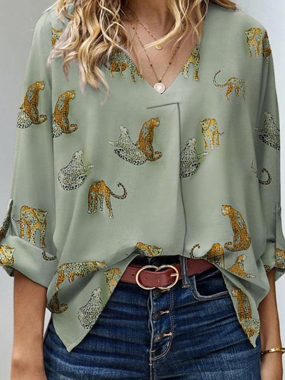 Women's Blouses Loose V-Neck Animal Print Long Sleeve Blouse - Blouses - INS | Online Fashion Free Shipping Clothing, Dresses, Tops, Shoes - 19/11/2021 - 20-30 - BLO2111191442