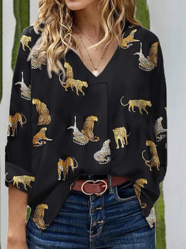 Women's Blouses Loose V-Neck Animal Print Long Sleeve Blouse - Blouses - INS | Online Fashion Free Shipping Clothing, Dresses, Tops, Shoes - 19/11/2021 - 20-30 - BLO2111191442