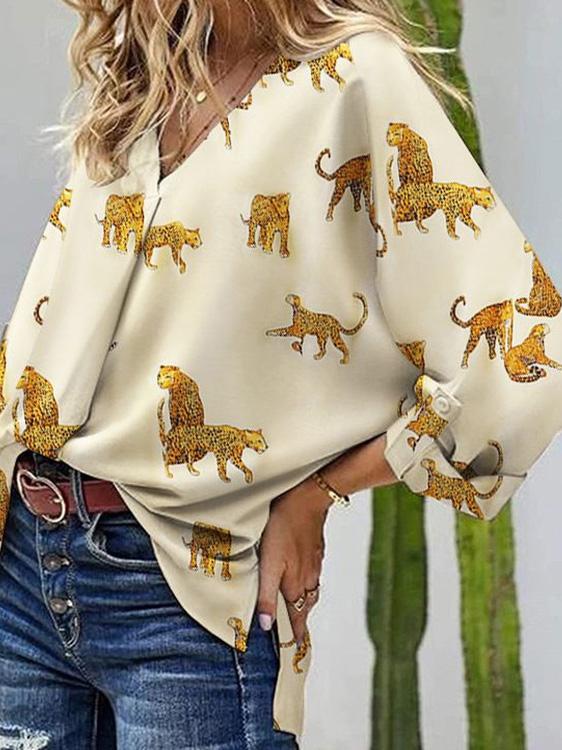 Women's Blouses Loose V-Neck Animal Print Long Sleeve Blouse - Blouses - INS | Online Fashion Free Shipping Clothing, Dresses, Tops, Shoes - 19/11/2021 - 20-30 - BLO2111191442