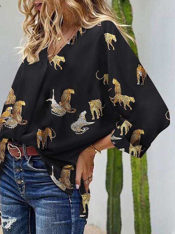 Women's Blouses Loose V-Neck Animal Print Long Sleeve Blouse - Blouses - INS | Online Fashion Free Shipping Clothing, Dresses, Tops, Shoes - 19/11/2021 - 20-30 - BLO2111191442