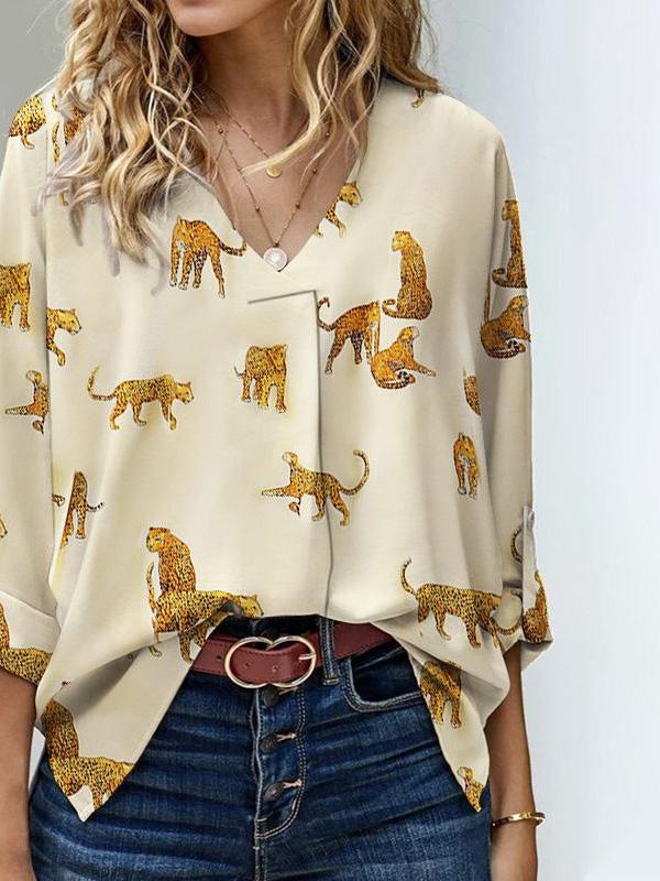 Women's Blouses Loose V-Neck Animal Print Long Sleeve Blouse - Blouses - INS | Online Fashion Free Shipping Clothing, Dresses, Tops, Shoes - 19/11/2021 - 20-30 - BLO2111191442