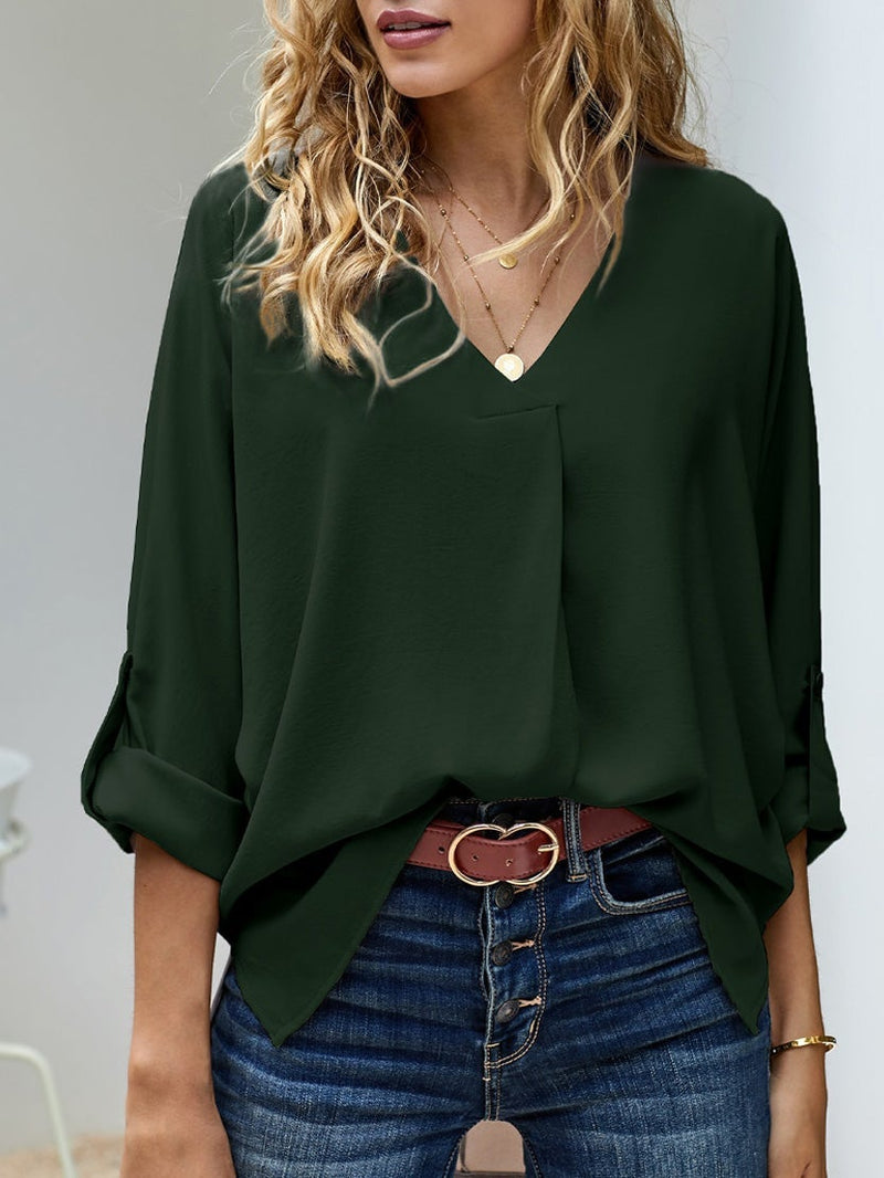Women's Blouses Loose V-Neck Irregular Long Sleeves Blouse - Blouses - Instastyled | Online Fashion Free Shipping Clothing, Dresses, Tops, Shoes - 20-30 - 24/12/2021 - BLO2112241509