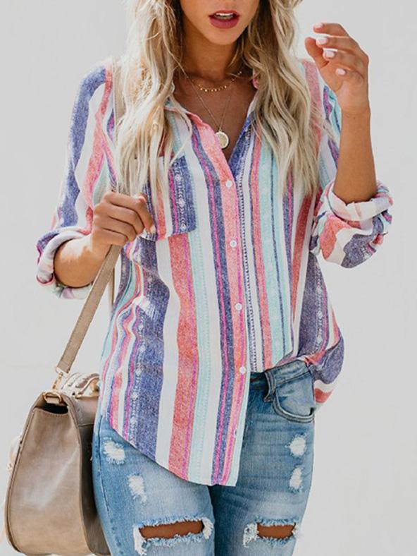 Women's Blouses Multicolor Striped Pocket Button Blouses - Blouses - INS | Online Fashion Free Shipping Clothing, Dresses, Tops, Shoes - 20-30 - 22/09/2021 - BLO2109221336