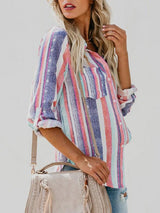 Women's Blouses Multicolor Striped Pocket Button Blouses - Blouses - INS | Online Fashion Free Shipping Clothing, Dresses, Tops, Shoes - 20-30 - 22/09/2021 - BLO2109221336