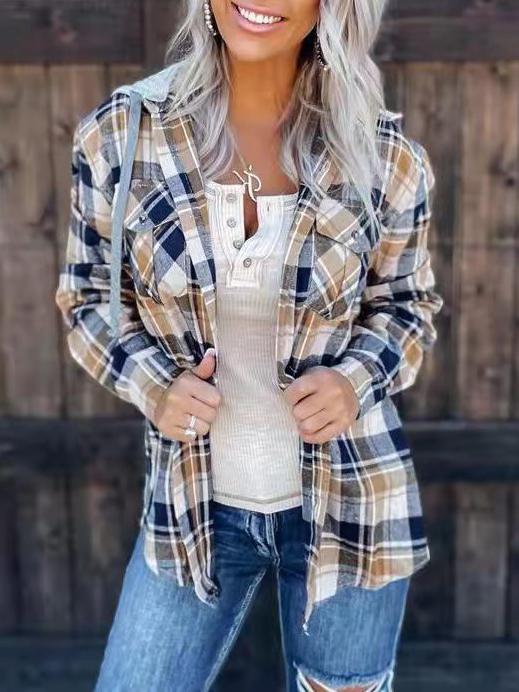 Women's Blouses Plaid Detachable Hat Pocket Long Sleeve Blouse - Blouses - INS | Online Fashion Free Shipping Clothing, Dresses, Tops, Shoes - 10/11/2021 - 30-40 - BLO2111111423