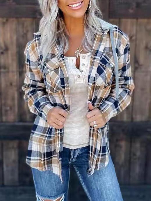 Women's Blouses Plaid Detachable Hat Pocket Long Sleeve Blouse - Blouses - INS | Online Fashion Free Shipping Clothing, Dresses, Tops, Shoes - 10/11/2021 - 30-40 - BLO2111111423